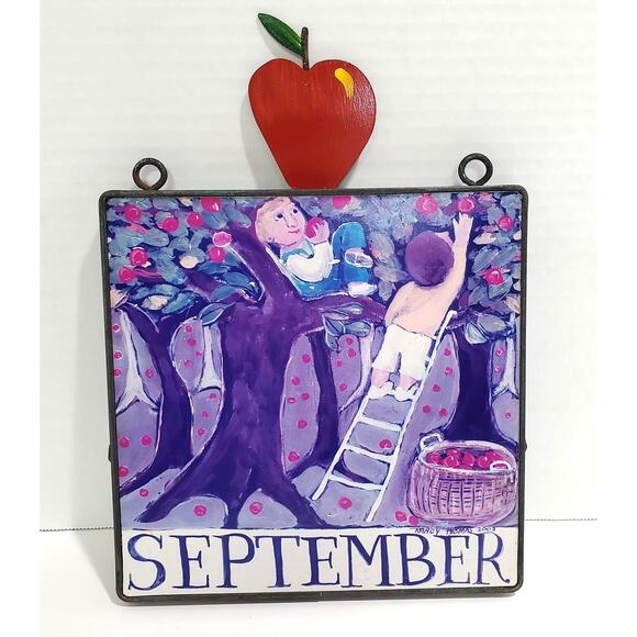 Vintage Nancy Thomas 2003 September Apple Picking Plaque Metal Childrens Series